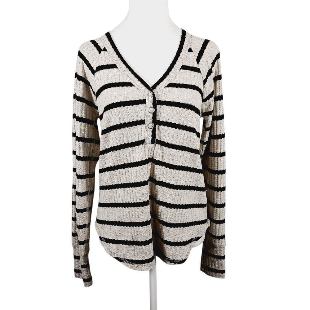 Chasor, M, Sand & Black Stripe Long Sleeve Henley Top, Waffle, Snap Casual Comfy